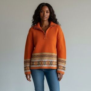 Vintage Orange Fair Isle Nordic Quarter Zip Knit Sweater